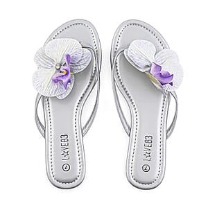 LOVE 83 Silver Orchid Flower PU Sandal - Size 9
