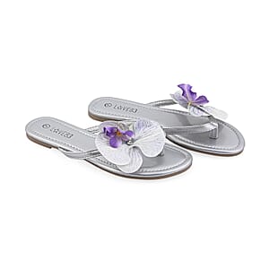 LOVE 83 Silver Orchid Flower PU Sandal - Size 10 (Ships in 5-7 Business Days)