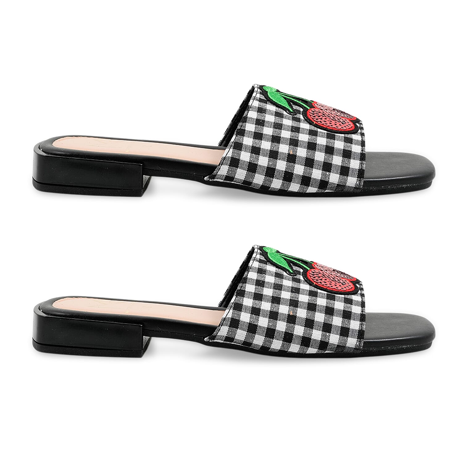 MATERIAL GIRL Black Checkered Fruit Heel Sandal - Size 6