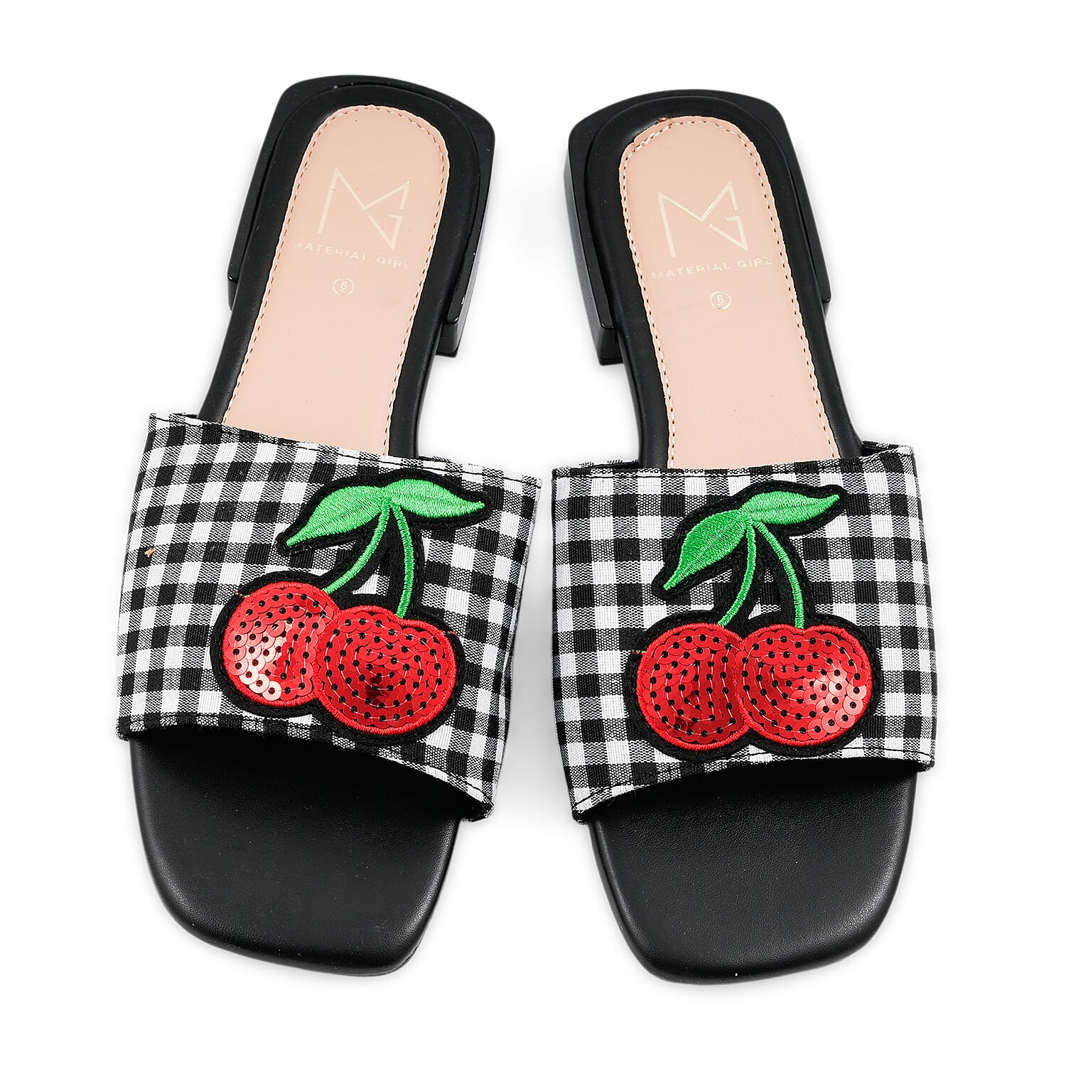 MATERIAL GIRL Black Checkered Fruit Heel Sandal - Size 6