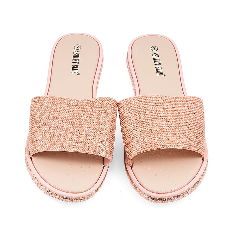 ASHLEY BLUE Rose Gold Rhinestone Slides - Size 7