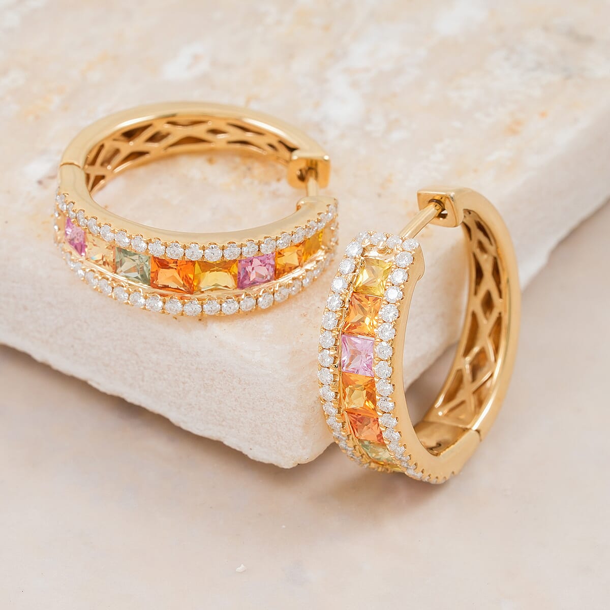 Clarte Prima Collection Multi Sapphire and Moissanite 2.90 ctw Earrings in 14K Yellow Gold Over Sterling Silver image number 1