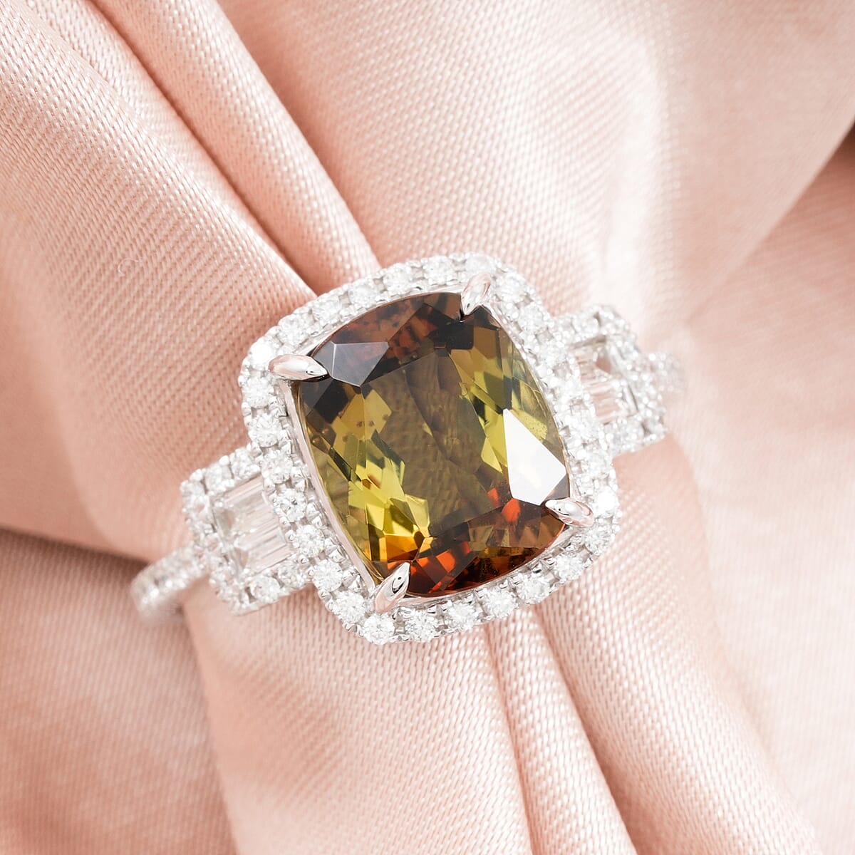 Certified & Appraised Rhapsody AAAA Jenipapo Andalusite and E-F VS Diamond 4.06 ctw Ring in 950 Platinum (Size 6.0) 6.07 Grams image number 1