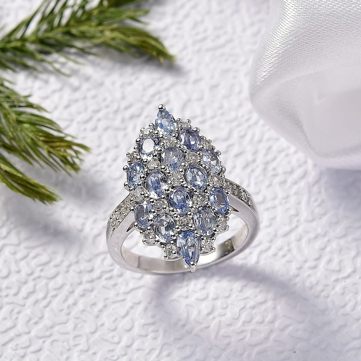 D'Joy Ceylon Blue Sapphire and White Zircon 4.25 ctw Ring in Rhodium Over Sterling Silver (Size 10.0) image number 1