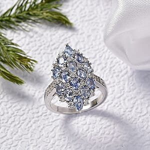 D'Joy Ceylon Blue Sapphire and White Zircon 4.25 ctw Ring in Rhodium Over Sterling Silver (Size 10.0)