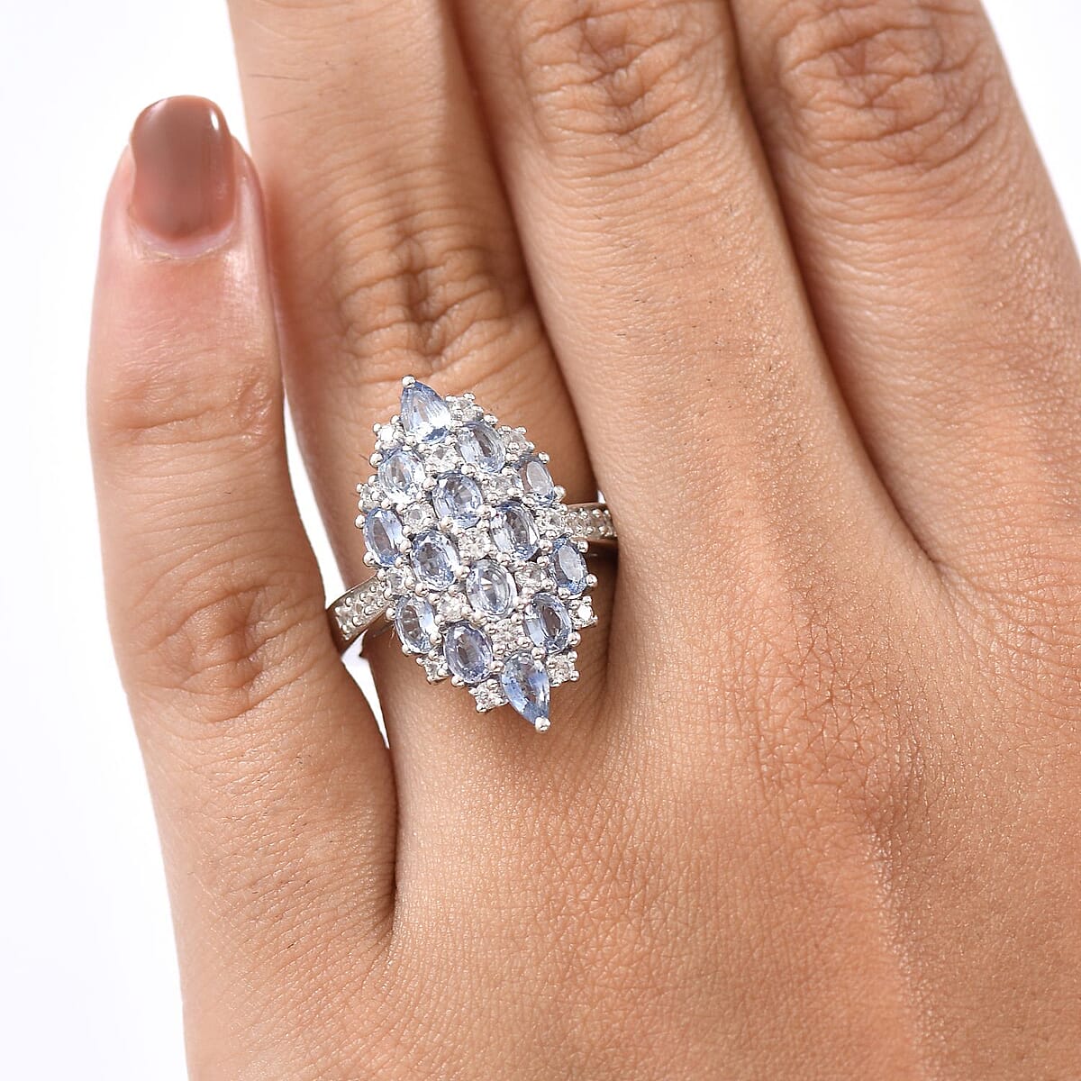 D'Joy Ceylon Blue Sapphire and White Zircon 4.25 ctw Ring in Rhodium Over Sterling Silver (Size 10.0) image number 2