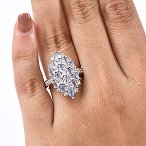 D'Joy Ceylon Blue Sapphire and White Zircon 4.25 ctw Ring in Rhodium Over Sterling Silver (Size 10.0)