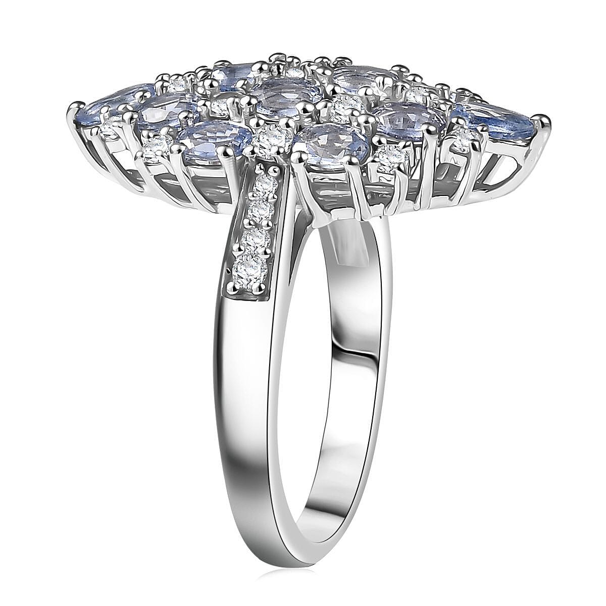 D'Joy Ceylon Blue Sapphire and White Zircon 4.25 ctw Ring in Rhodium Over Sterling Silver (Size 10.0) image number 3