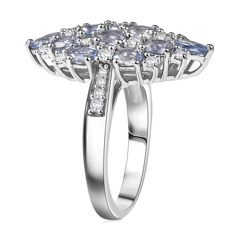 D'Joy Ceylon Blue Sapphire, White Zircon Ring in Rhodium Over Sterling Silver (Size 7.0) 4.25 ctw