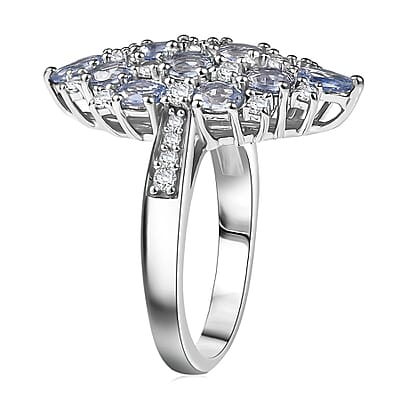 D'Joy Ceylon Blue Sapphire, White Zircon Ring in Rhodium Over Sterling Silver (Size 8.0) 4.25 ctw
