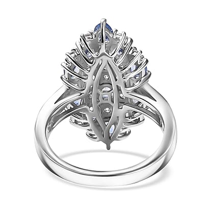 D'Joy Ceylon Blue Sapphire, White Zircon Ring in Rhodium Over Sterling Silver (Size 8.0) 4.25 ctw