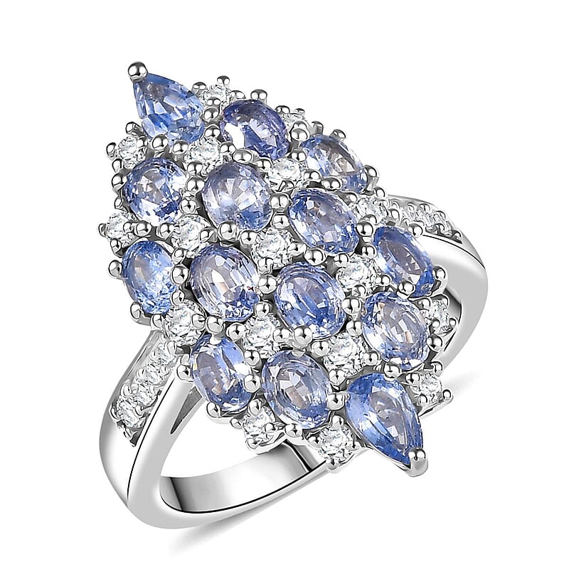 D'Joy Ceylon Blue Sapphire, White Zircon Ring in Rhodium Over Sterling Silver (Size 9.0) 4.25 ctw