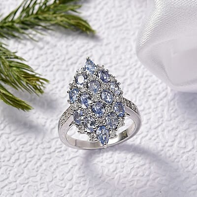 D'Joy Ceylon Blue Sapphire, White Zircon Ring in Rhodium Over Sterling Silver (Size 9.0) 4.25 ctw