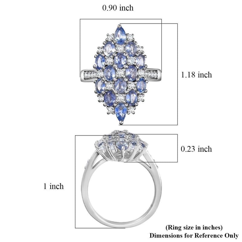 D'Joy Ceylon Blue Sapphire, White Zircon Ring in Rhodium Over Sterling Silver (Size 9.0) 4.25 ctw