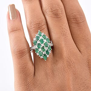 D'Joy Premium Kagem Zambian Emerald and White Zircon 3.25 ctw Ring in Rhodium Over Sterling Silver (Size 10.0)