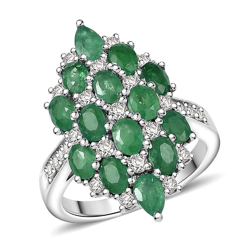 D'Joy Premium Kagem Zambian Emerald, White Zircon Ring in Rhodium Over Sterling Silver (Size 6.0) 3.25 ctw