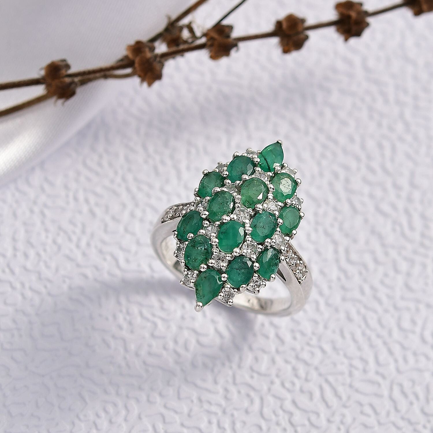 D'Joy Premium Kagem Zambian Emerald, White Zircon Ring in Rhodium Over Sterling Silver (Size 6.0) 3.25 ctw