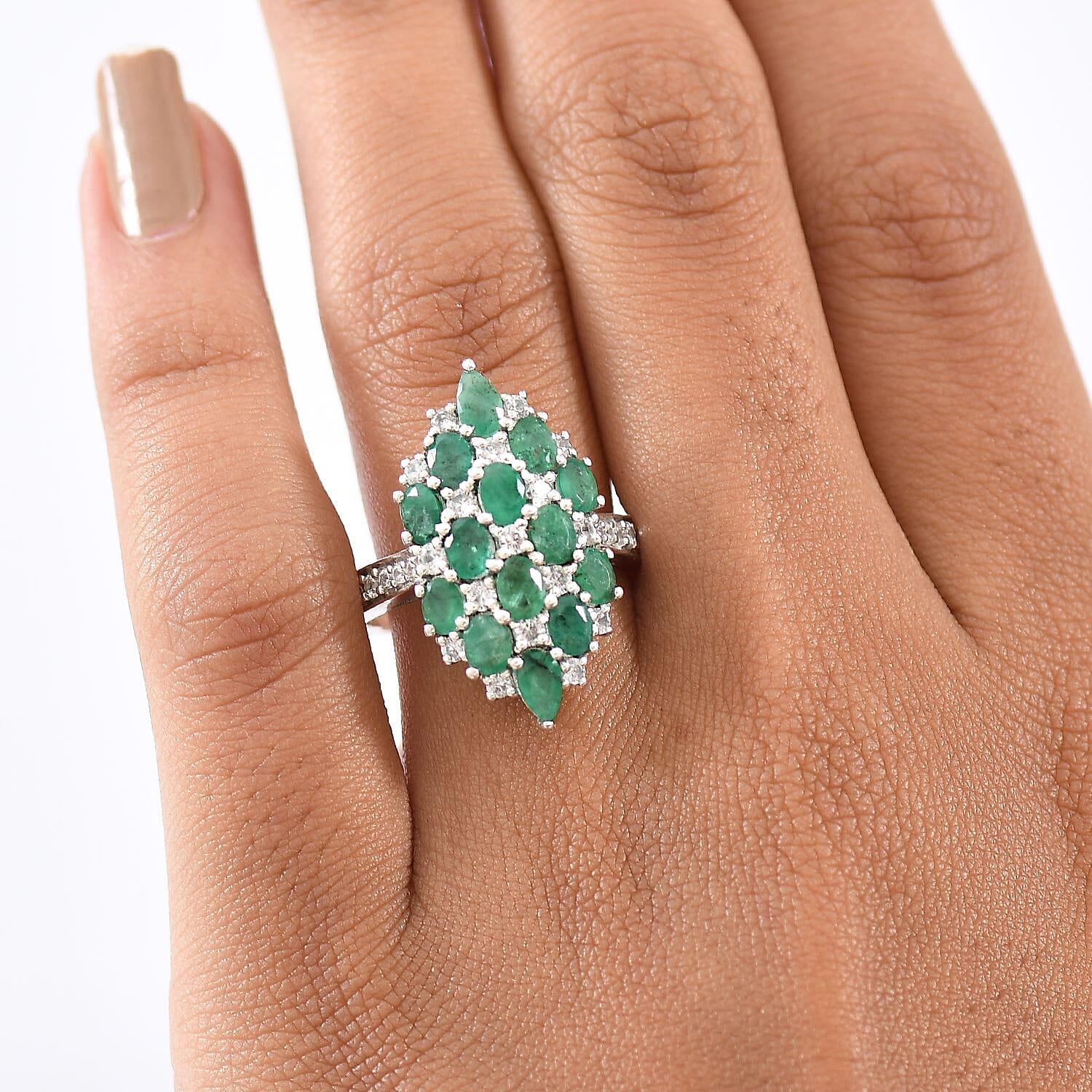 D'Joy Premium Kagem Zambian Emerald, White Zircon Ring in Rhodium Over Sterling Silver (Size 6.0) 3.25 ctw