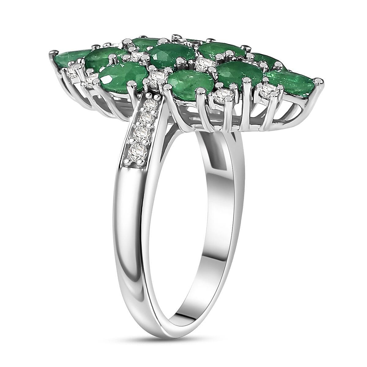 D'Joy Premium Kagem Zambian Emerald, White Zircon Ring in Rhodium Over Sterling Silver (Size 6.0) 3.25 ctw