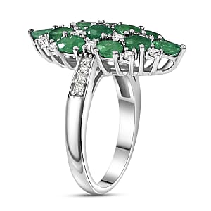 D'Joy Premium Kagem Zambian Emerald, White Zircon Ring in Rhodium Over Sterling Silver (Size 6.0) 3.25 ctw