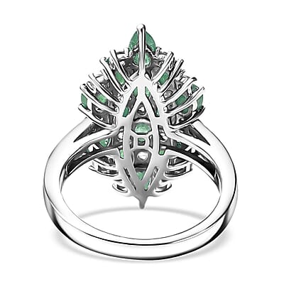 D'Joy Premium Kagem Zambian Emerald, White Zircon Ring in Rhodium Over Sterling Silver (Size 6.0) 3.25 ctw