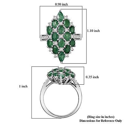 D'Joy Premium Kagem Zambian Emerald, White Zircon Ring in Rhodium Over Sterling Silver (Size 6.0) 3.25 ctw