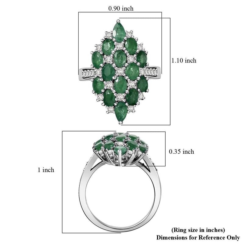 D'Joy Premium Kagem Zambian Emerald, White Zircon Ring in Rhodium Over Sterling Silver (Size 6.0) 3.25 ctw