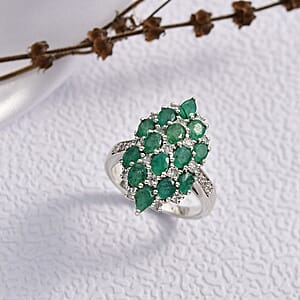D'Joy Premium Kagem Zambian Emerald, White Zircon Ring in Rhodium Over Sterling Silver (Size 8.0) 3.25 ctw