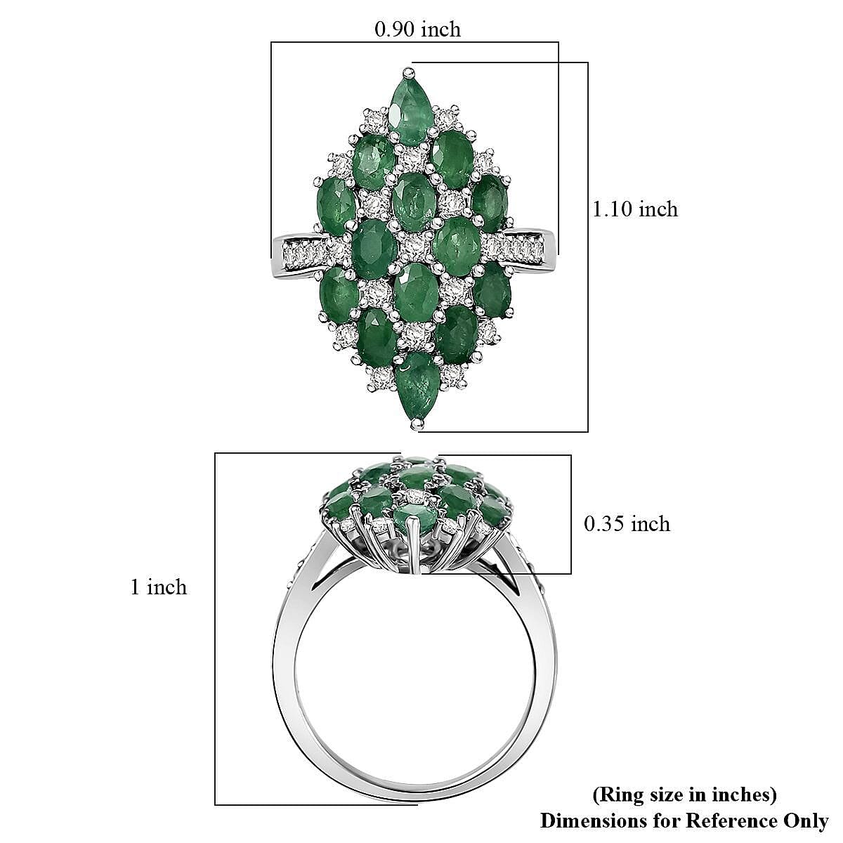 D'Joy Premium Kagem Zambian Emerald, White Zircon Ring in Rhodium Over Sterling Silver (Size 8.0) 3.25 ctw image number 5