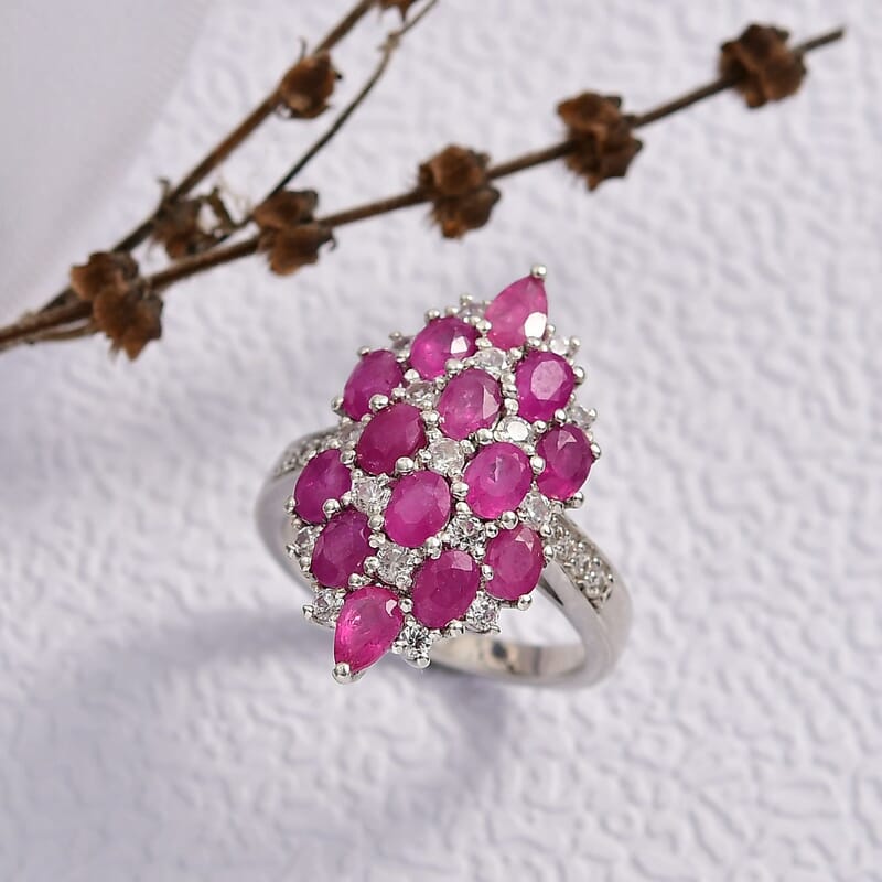 D'Joy Mozambique Ruby, White Zircon Ring in Rhodium Over Sterling Silver 4.15 ctw (Size 10.0)
