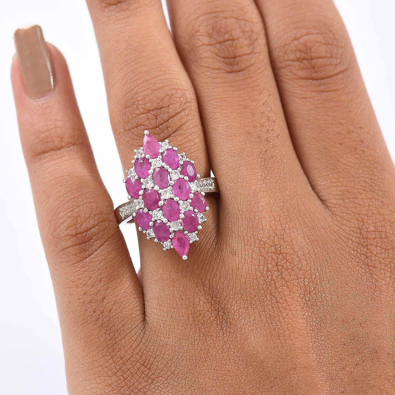 D'Joy Mozambique Ruby, White Zircon Ring in Rhodium Over Sterling Silver 4.15 ctw (Size 10.0)