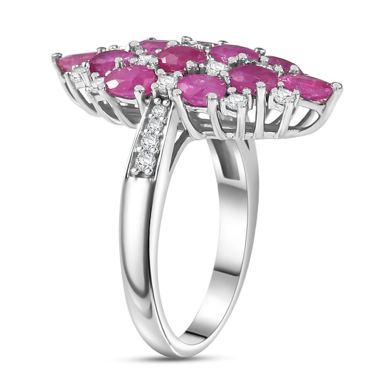 D'Joy Mozambique Ruby, White Zircon Ring in Rhodium Over Sterling Silver 4.15 ctw (Size 10.0)