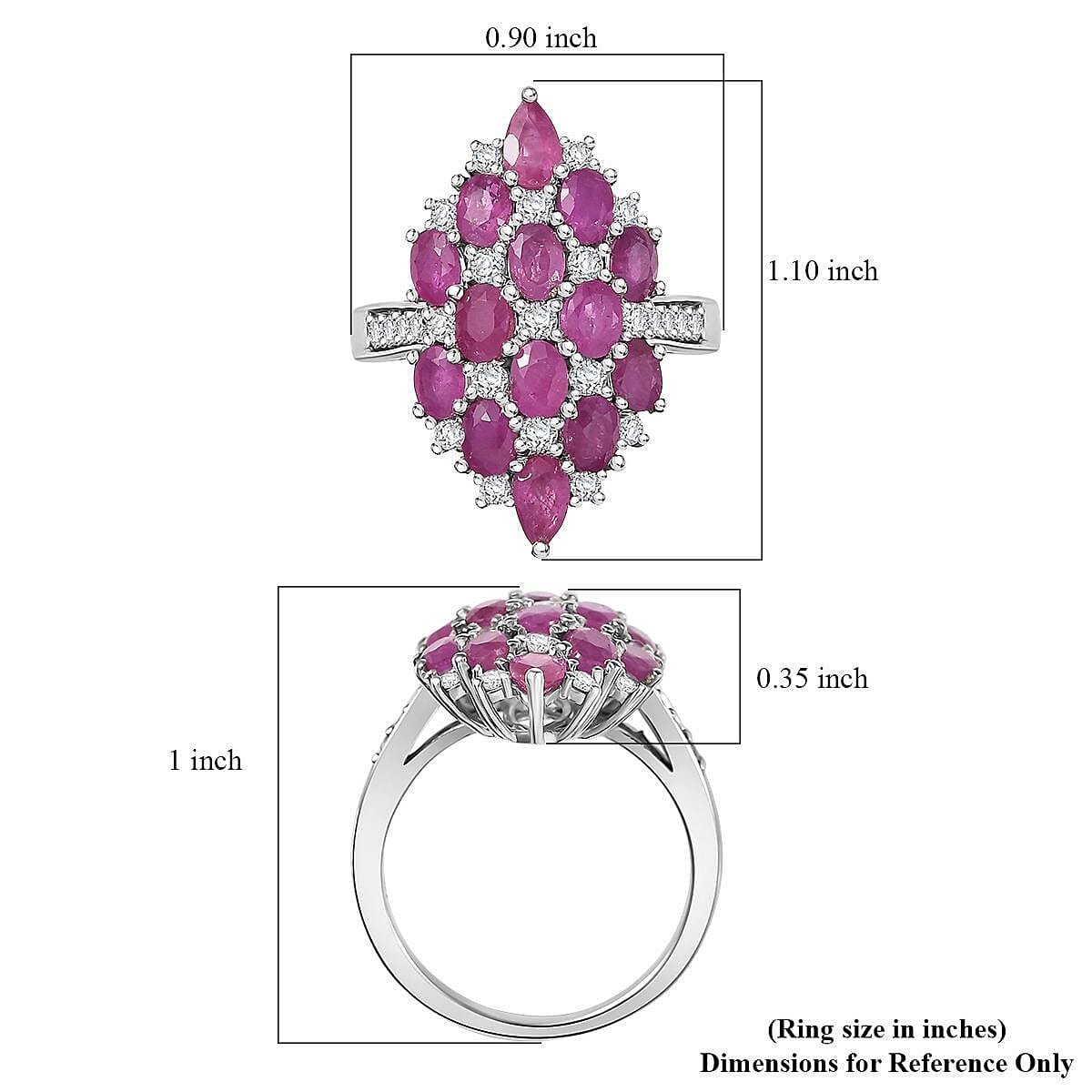 D'Joy Mozambique Ruby, White Zircon Ring in Rhodium Over Sterling Silver 4.15 ctw (Size 10.0)