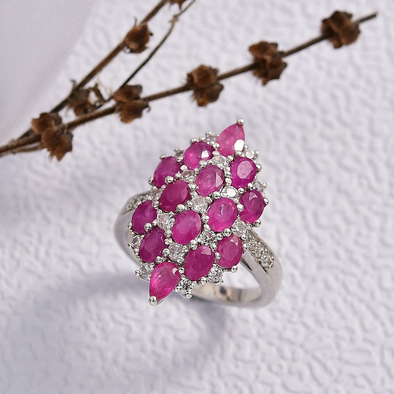 D'Joy Mozambique Ruby, White Zircon Ring in Rhodium Over Sterling Silver 4.15 ctw (Size 6.0)