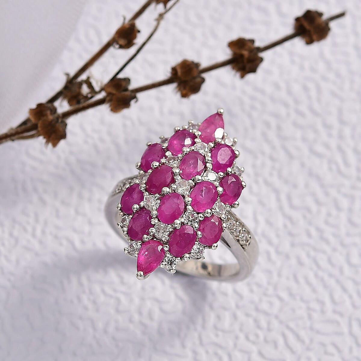 D'Joy Mozambique Ruby, White Zircon Ring in Rhodium Over Sterling Silver 4.15 ctw (Size 6.0) image number 1