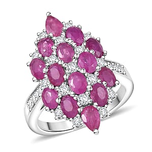 D'Joy Mozambique Ruby, White Zircon Ring in Rhodium Over Sterling Silver (Size 7.0) 4.15 ctw