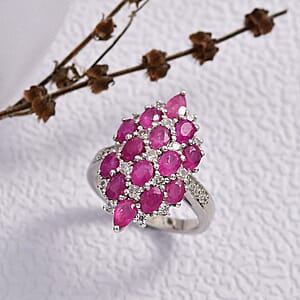 D'Joy Mozambique Ruby, White Zircon Ring in Rhodium Over Sterling Silver 4.15 ctw (Size 8.0)