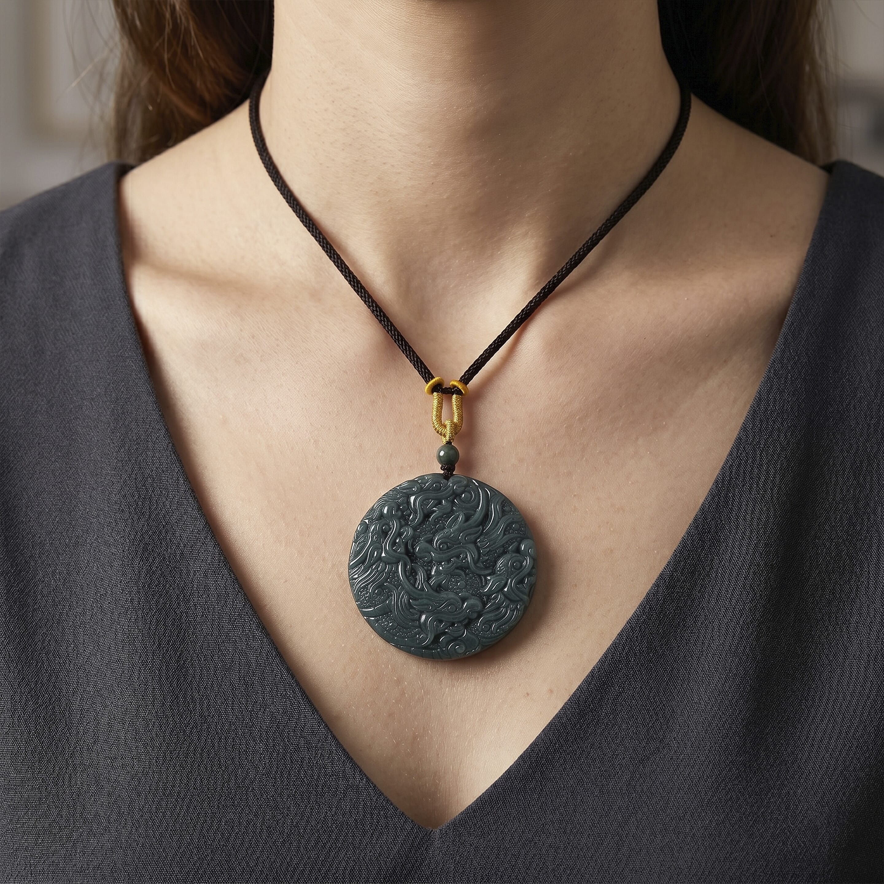 Natural Olmec Jadeite 155.00 ctw Cotton Thread Double Dragon Necklace 28 Inches