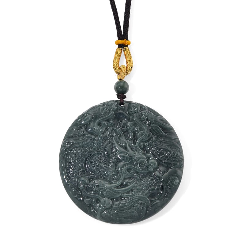 Natural Olmec Jadeite 155.00 ctw Cotton Thread Double Dragon Necklace 28 Inches