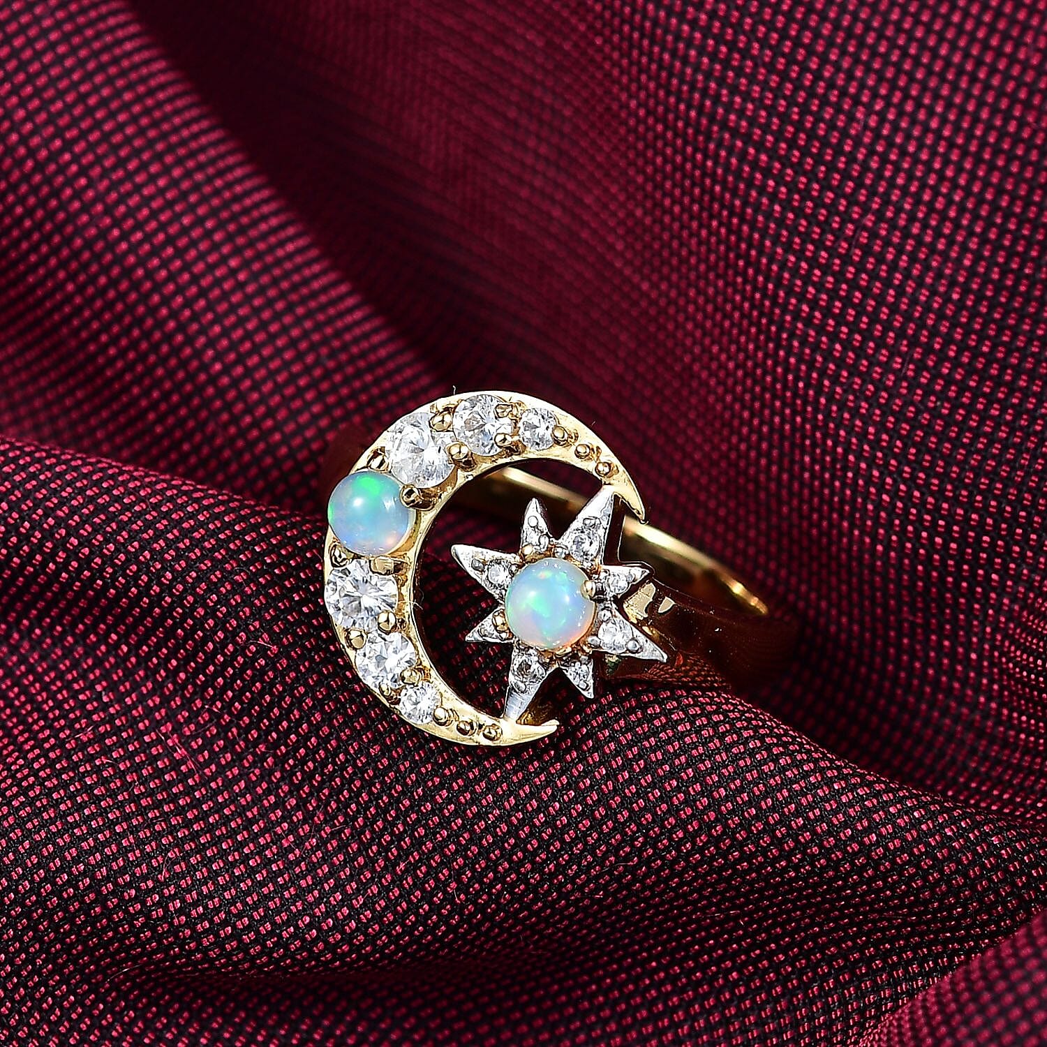 D'Joy Ethiopian Welo Opal and White Zircon 1.04 ctw Fancy Ring in 18K Vermeil Yellow Gold Over Sterling Silver (Size 10.0)