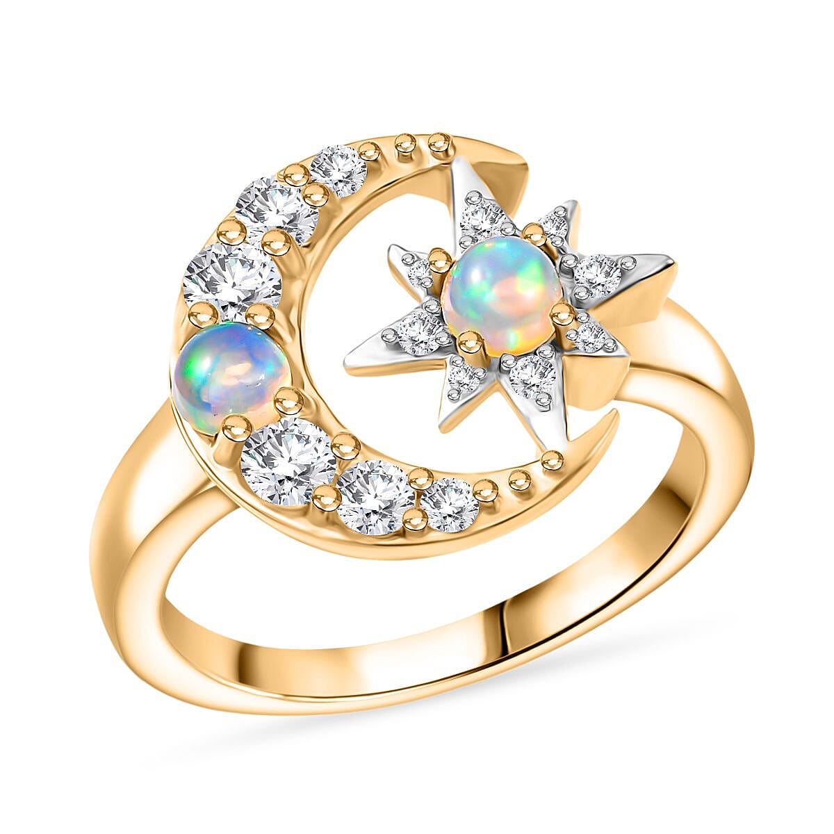 D'Joy Ethiopian Welo Opal and White Zircon 1.04 ctw Fancy Ring in 18K Vermeil Yellow Gold Over Sterling Silver (Size 10.0)