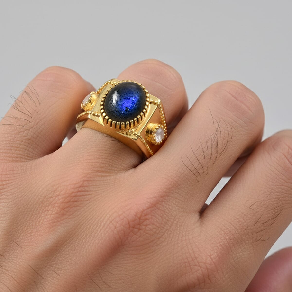 EverTrue AAA Malagasy Labradorite, Rainbow Moonstone Men's Ring in 18K YG Plated 5.40 ctw (Size 12.0) image number 2