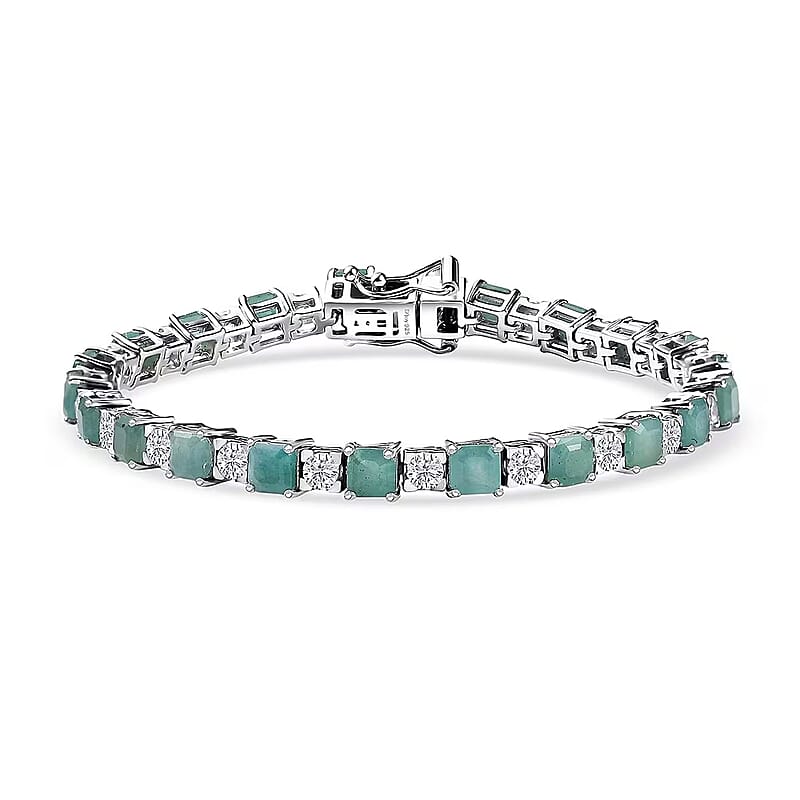 D'Joy Premium Asscher Cut Grandidierite and White Zircon 12.70 ctw Art Deco Bracelet in Rhodium Over Sterling Silver (7.25 In)