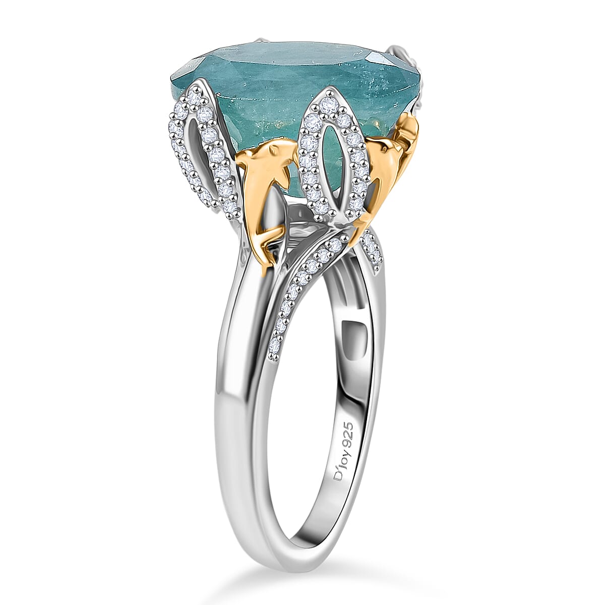 D'Joy Premium Grandidierite and Moissanite 7.25 ctw Dolphin Ring in 18K Vermeil YG and Rhodium Over Sterling Silver (Size 9.0) image number 3