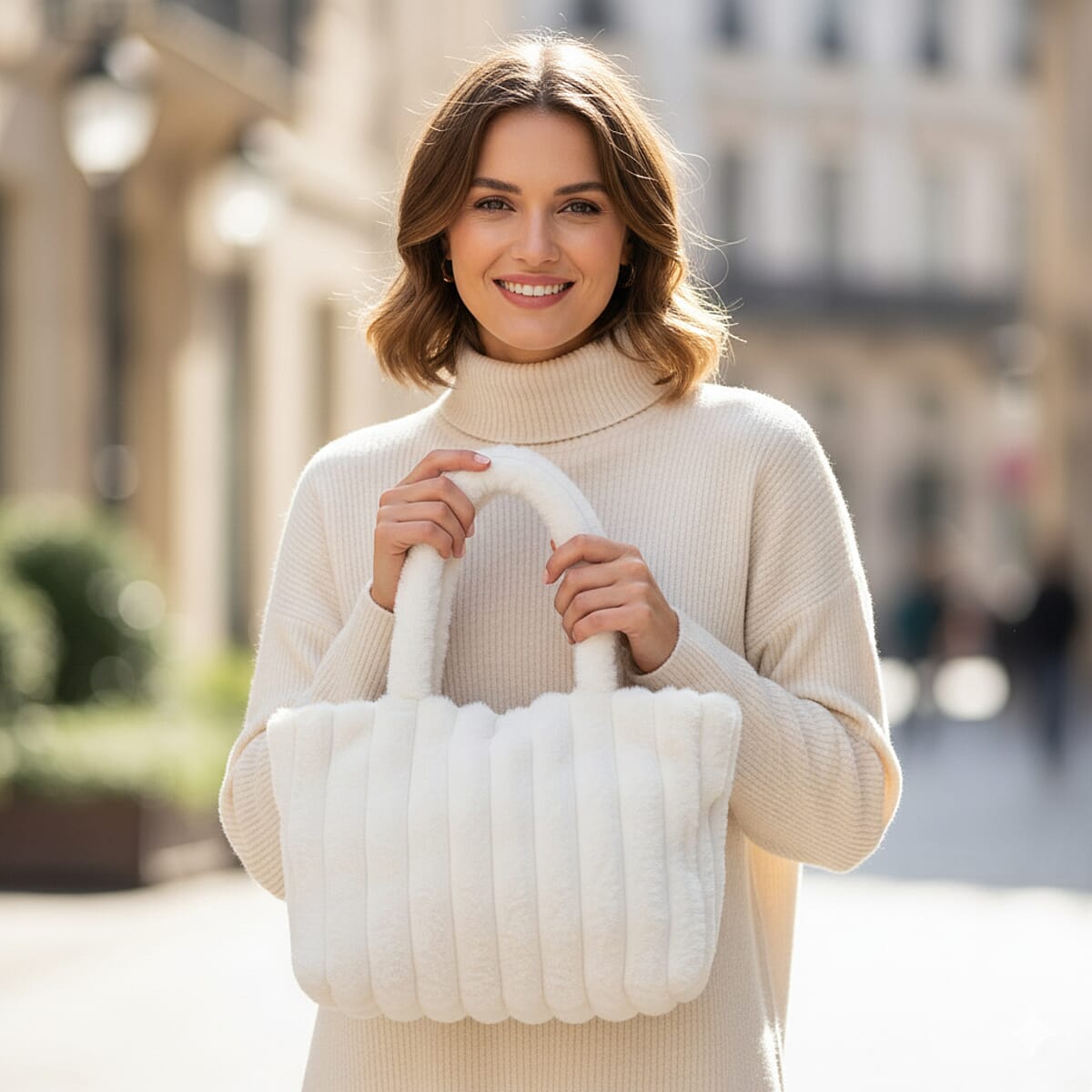 Tamsy White Polyester Faux Fur Shoulder Bag  image number 2