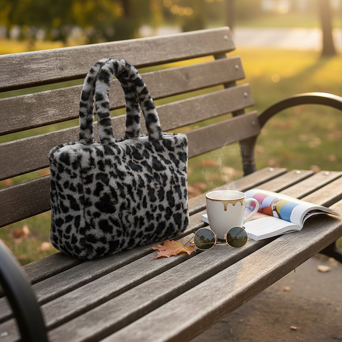 Tamsy Navy Leopard Print Polyester Faux Fur Shoulder Bag  image number 1