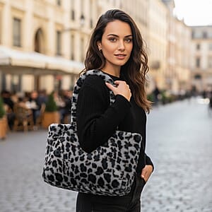 Tamsy Navy Leopard Print Polyester Faux Fur Shoulder Bag 