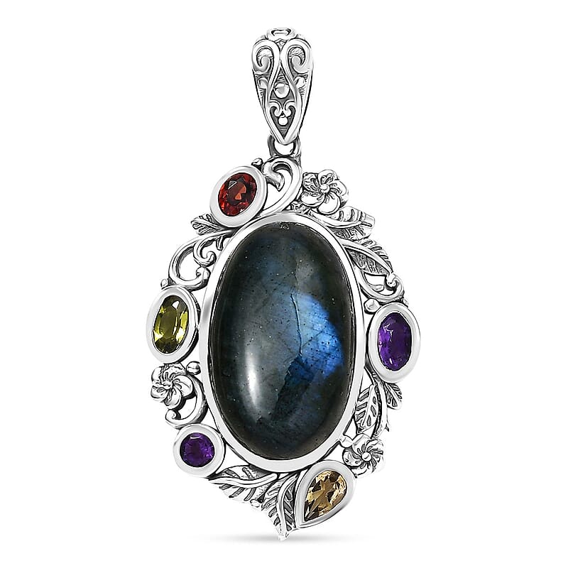 D'Joy Artisan Crafted Malagasy Labradorite and Multi Gemstone 13.40 ctw Pendant without Chain in Sterling Silver