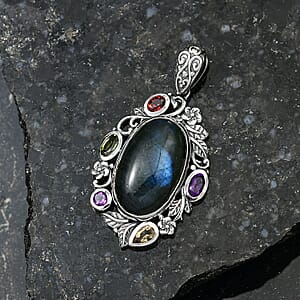  D'Joy Artisan Crafted Malagasy Labradorite and Multi Gemstone 13.40 ctw Pendant without Chain in Sterling Silver