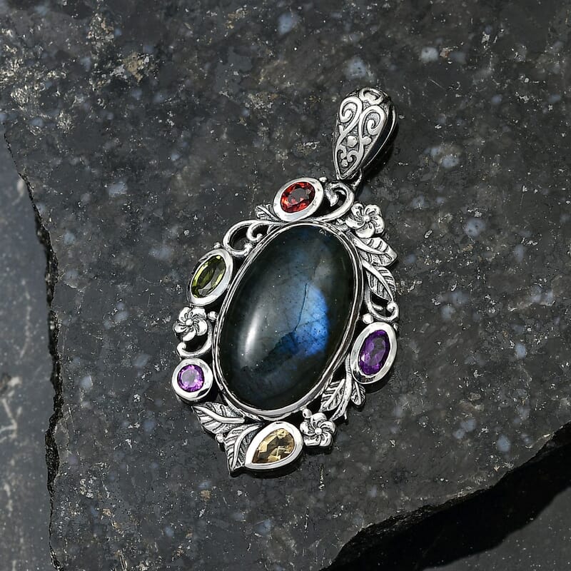 D'Joy Artisan Crafted Malagasy Labradorite and Multi Gemstone 13.40 ctw Pendant without Chain in Sterling Silver